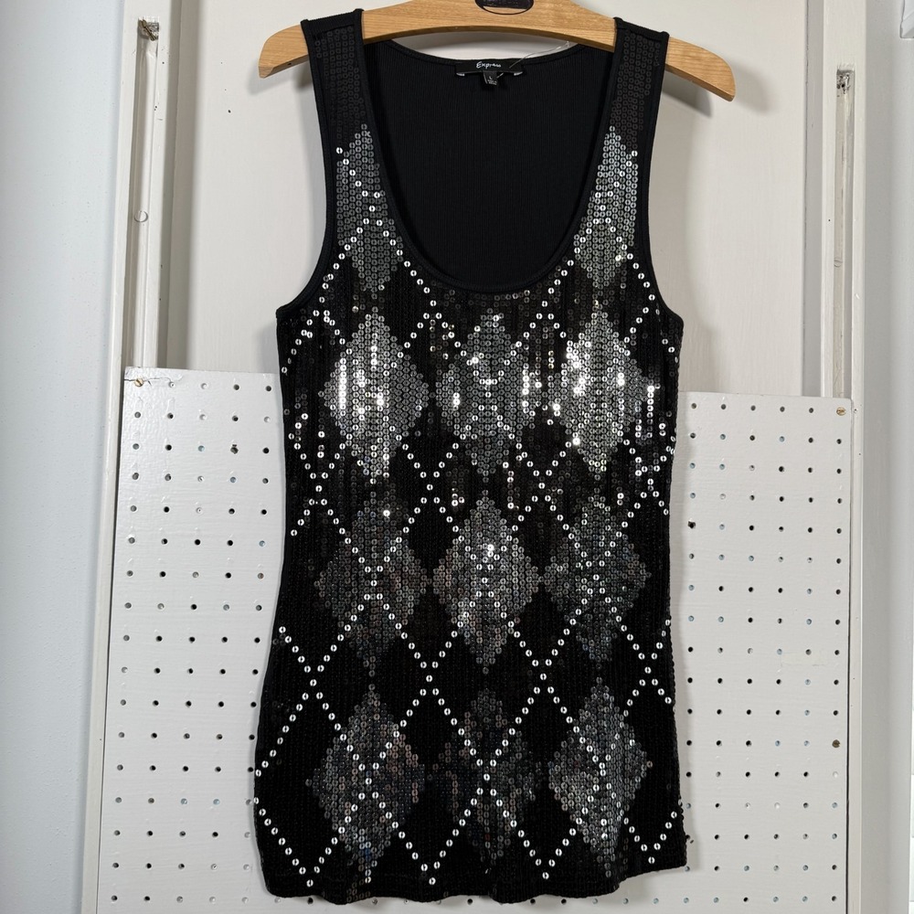 Express Sequin Argyle Tank Women Black Rib Knit Party Cocktail Top Large VTG Y2K